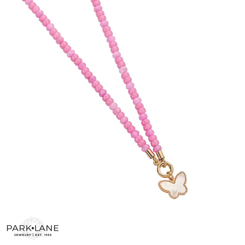 Park Lane pink beaded necklace with a butterfly pendant